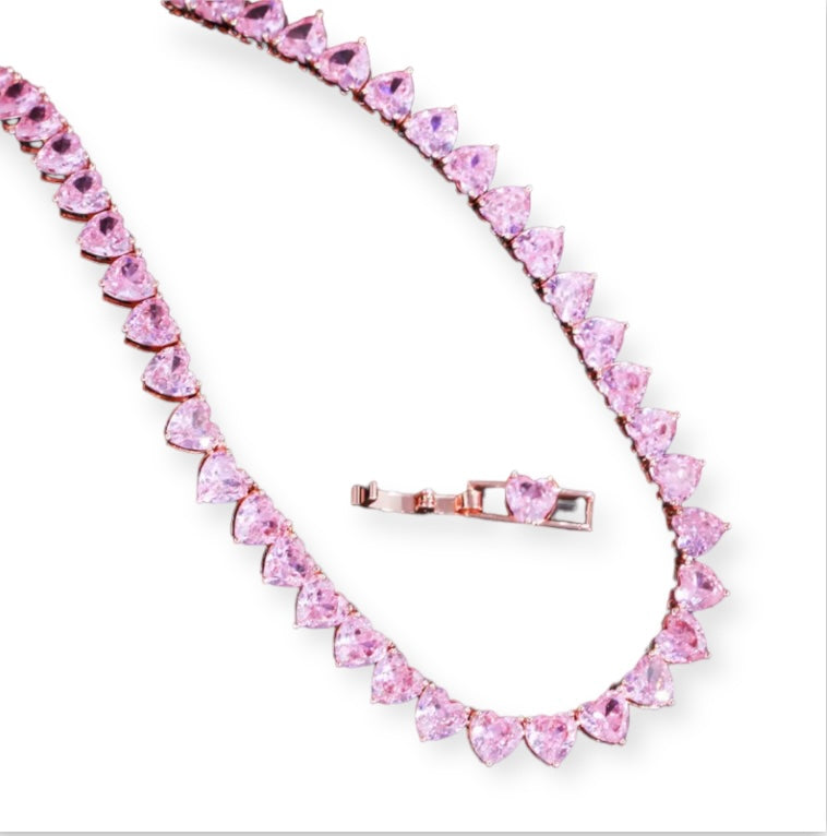 Pink Hearts Tennis Necklace